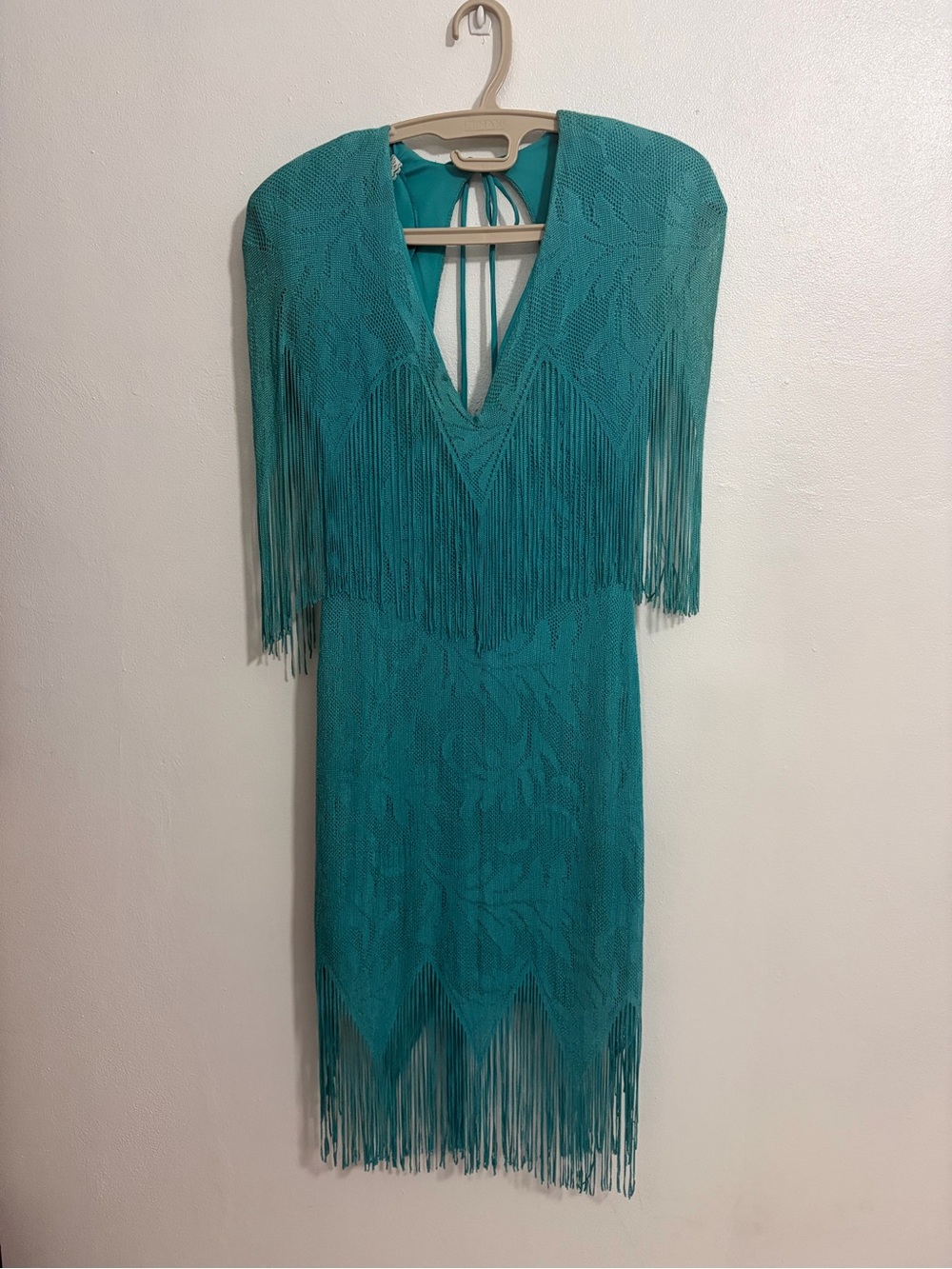 Vintage 80s Climax Karen Okada Fringe Lace Cocktail Dress Turquoise 11/12